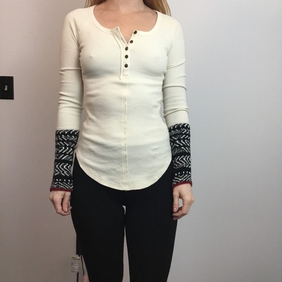 Free People Tops - Free People Ivory Black Sweater Cuff Thermal Shirt